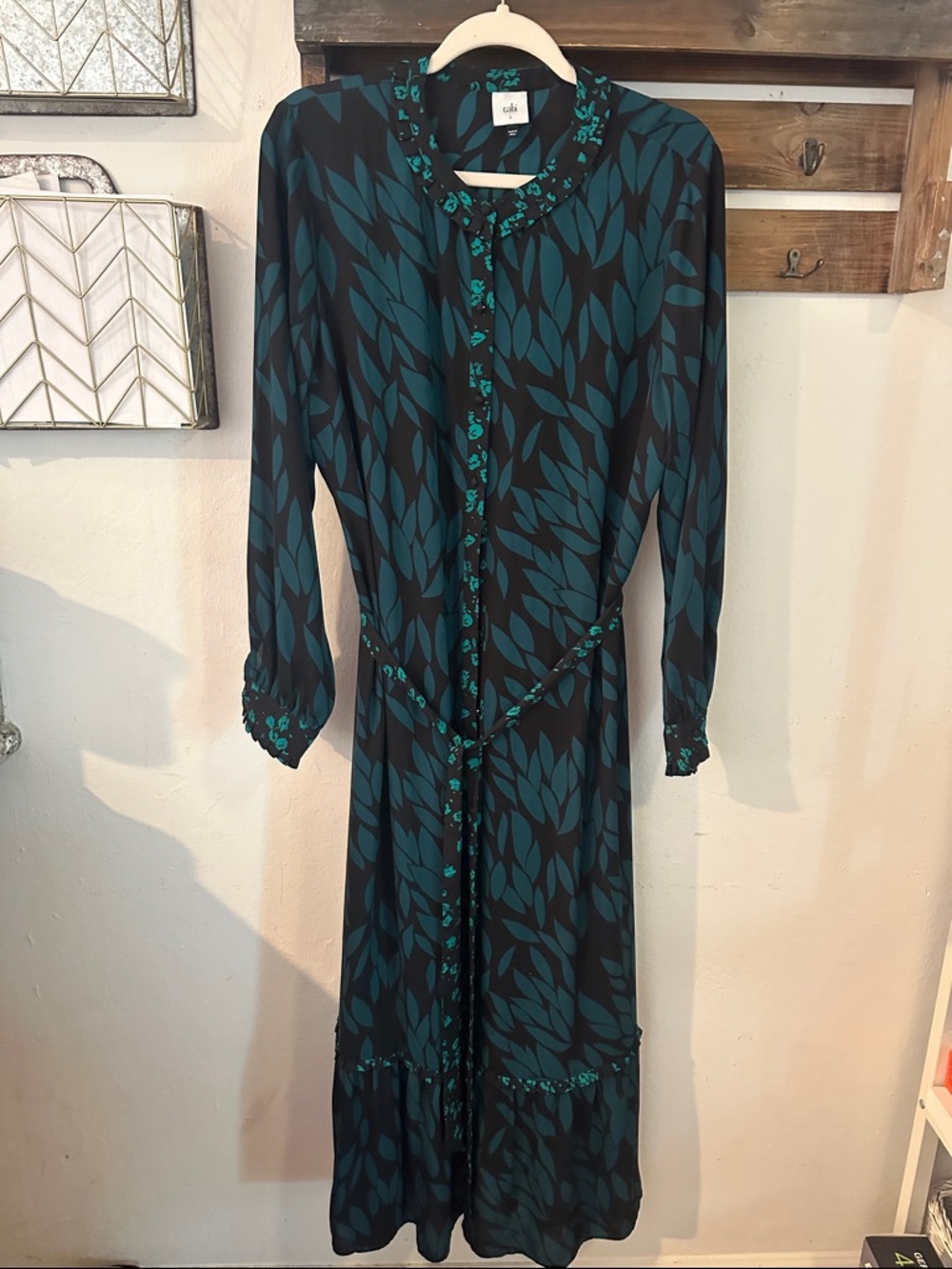 CAbi Teal and Black Leaf-Print Long Sleeve Dress